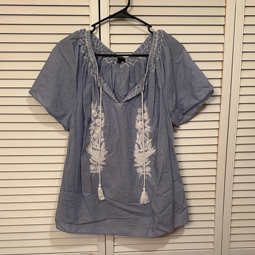 Talbots Blue and White Embroidered Peasant Blouse 1X